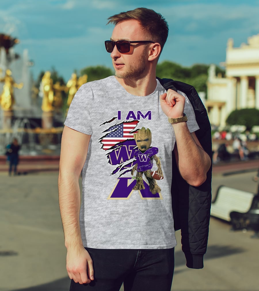 I AM Huskies Baby Groot Football USA Flag T-Shirt