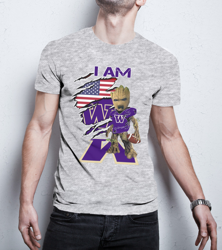 I AM Huskies Baby Groot Football USA Flag T-Shirt
