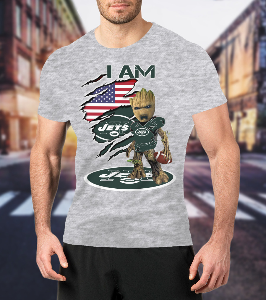 I Am Jets Baby Groot American Flag Football Fan T-Shirt