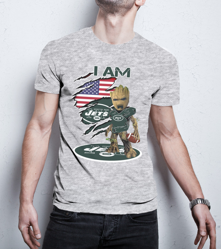 I Am Jets Baby Groot American Flag Football Fan T-Shirt