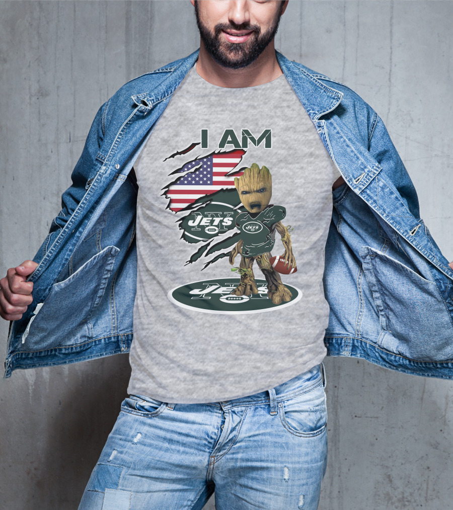 I Am Jets Baby Groot American Flag Football Fan T-Shirt
