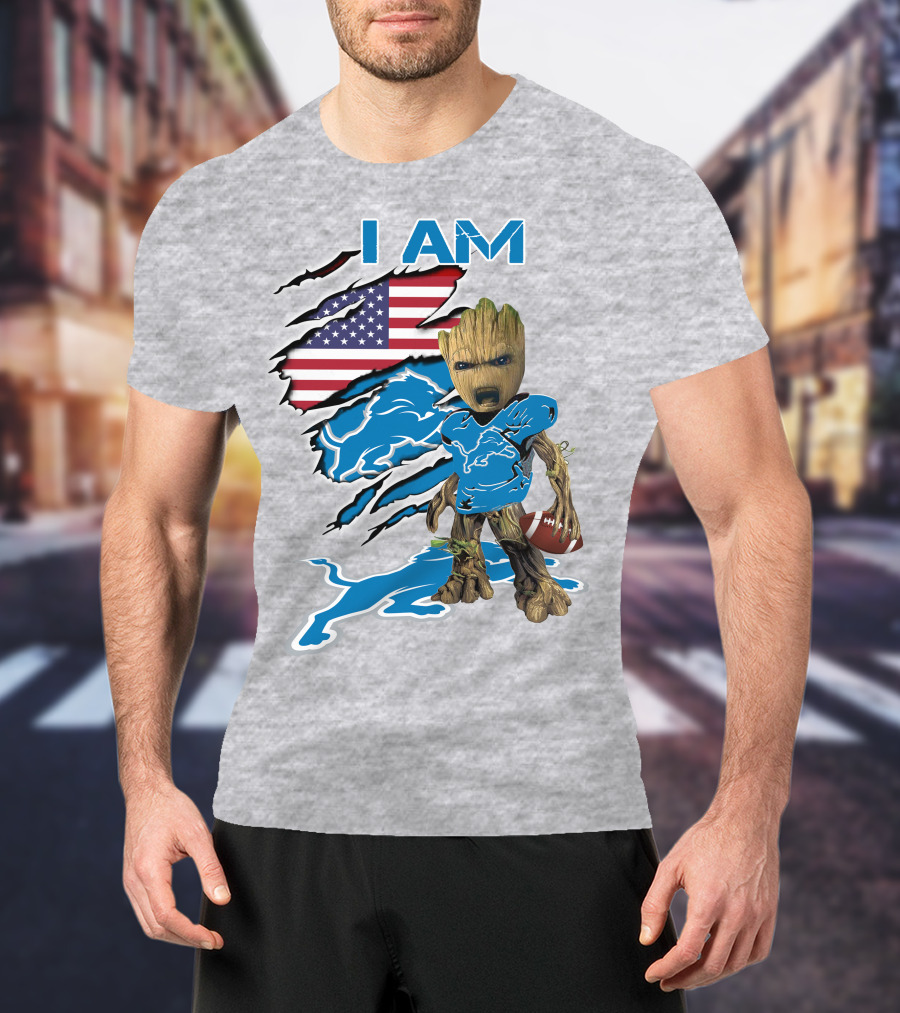 I Am Lions Baby Groot Football American Flag T-Shirt