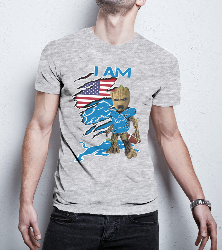 I Am Lions Baby Groot Football American Flag T-Shirt