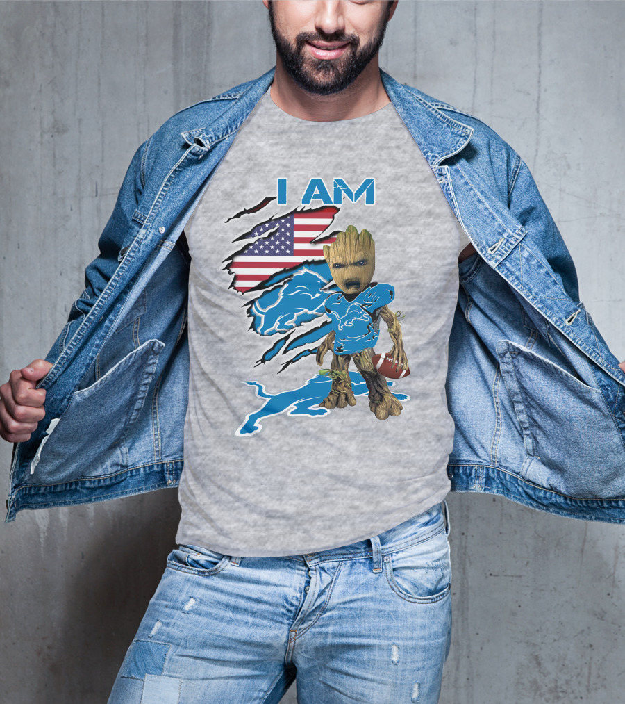I Am Lions Baby Groot Football American Flag T-Shirt