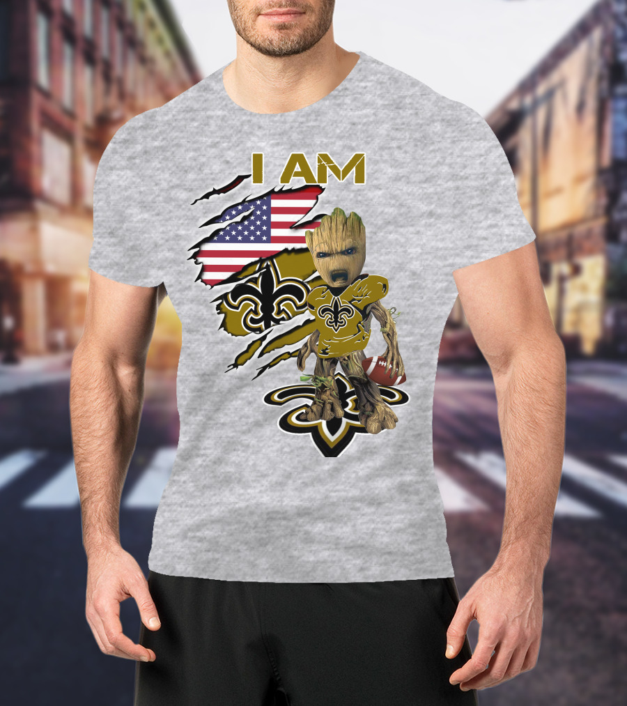 I Am Baby Groot Saints Fleur-De-Lis American Flag Football T-Shirt