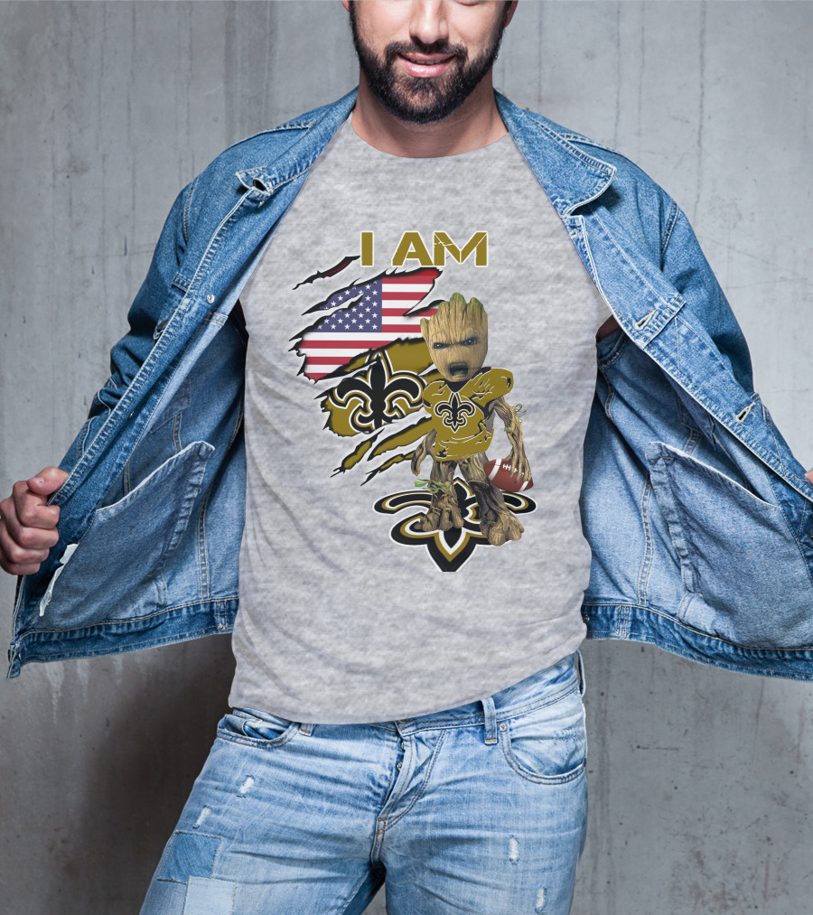 I Am Baby Groot Saints Fleur-De-Lis American Flag Football T-Shirt