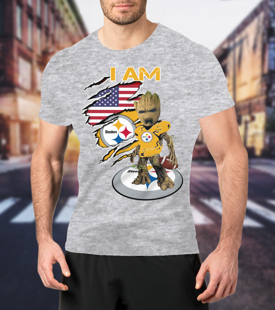 I AM Steelers Baby Groot American Flag Football Fan Gear T-Shirt