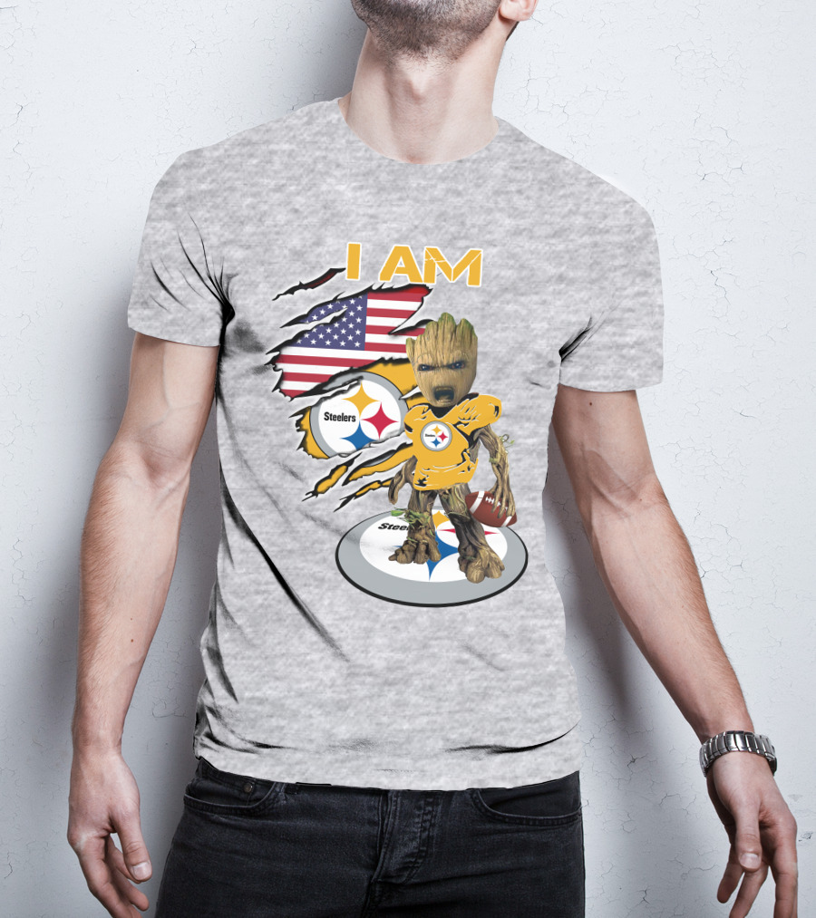 I AM Steelers Baby Groot American Flag Football Fan Gear T-Shirt