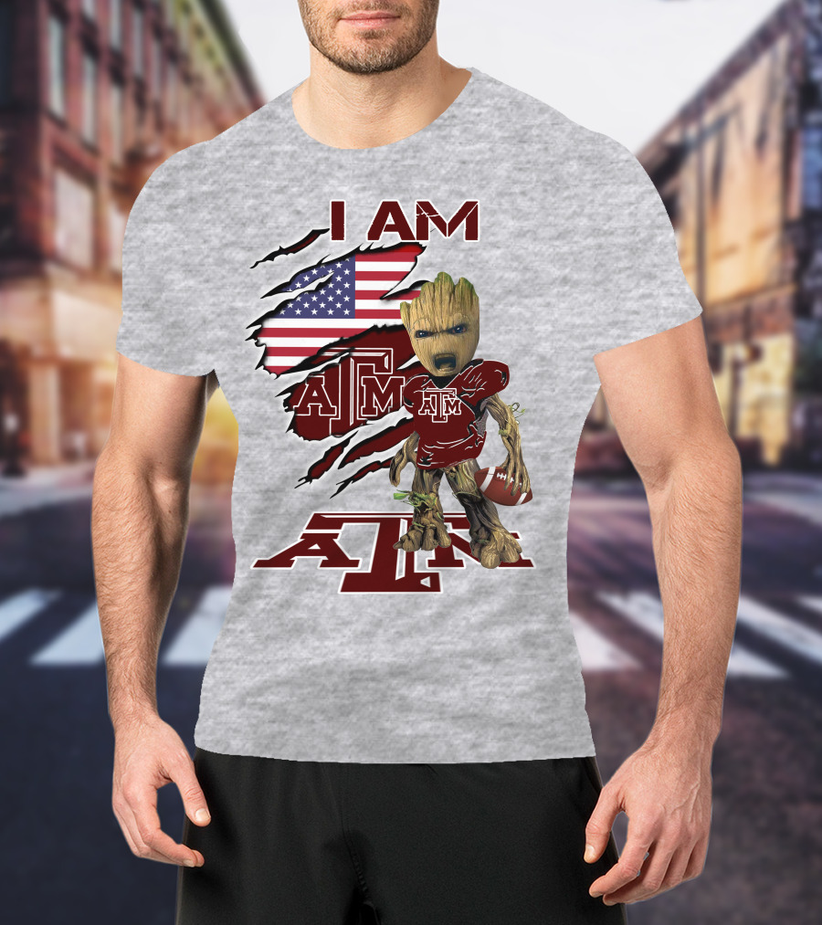 I Am Texas A&M Baby Groot American Flag Football T-Shirt