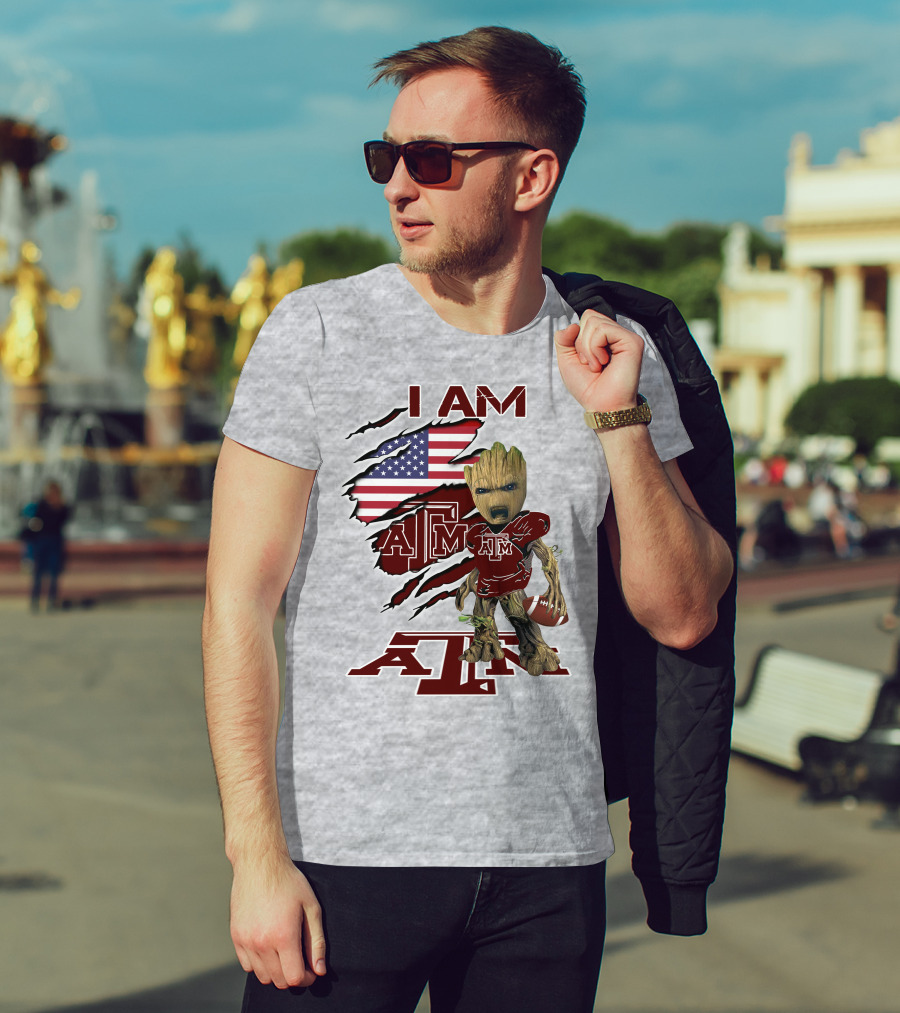 I Am Texas A&M Baby Groot American Flag Football T-Shirt