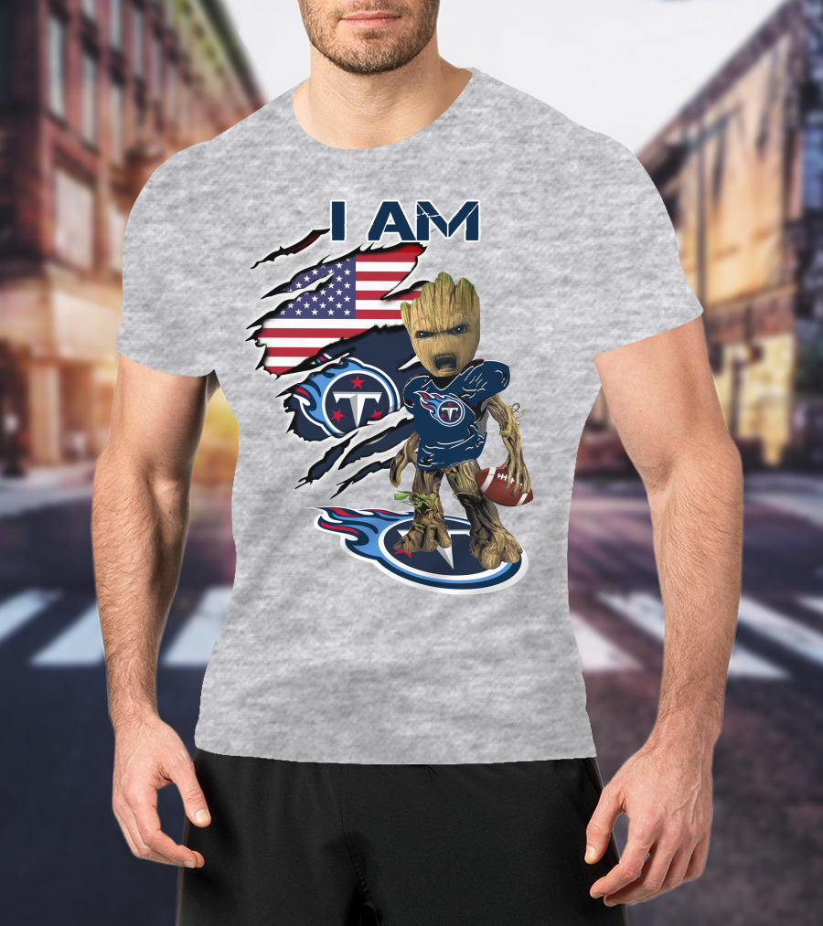 I AM Titans Baby Groot Football USA Flag T-Shirt
