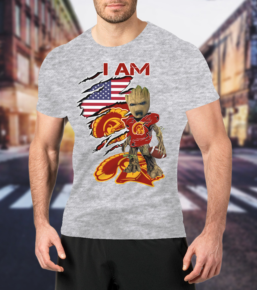 I AM Trojans Baby Groot Football American Flag T-Shirt