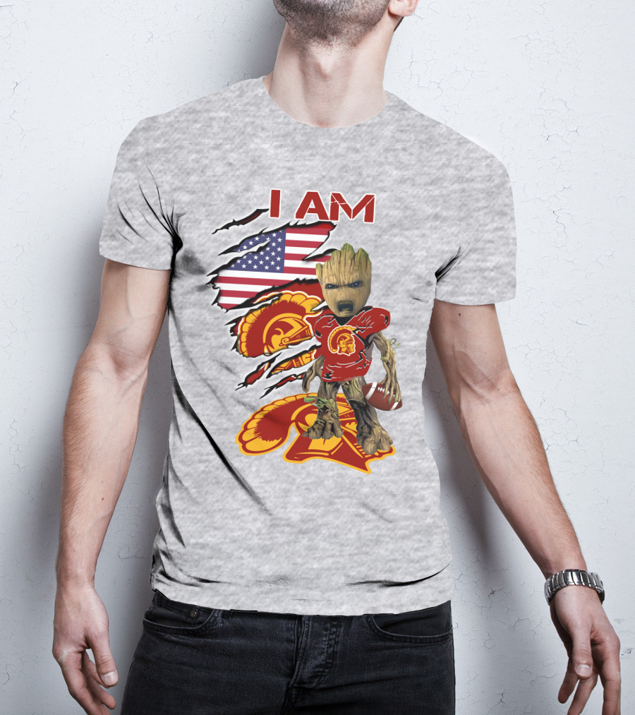 I AM Trojans Baby Groot Football American Flag T-Shirt