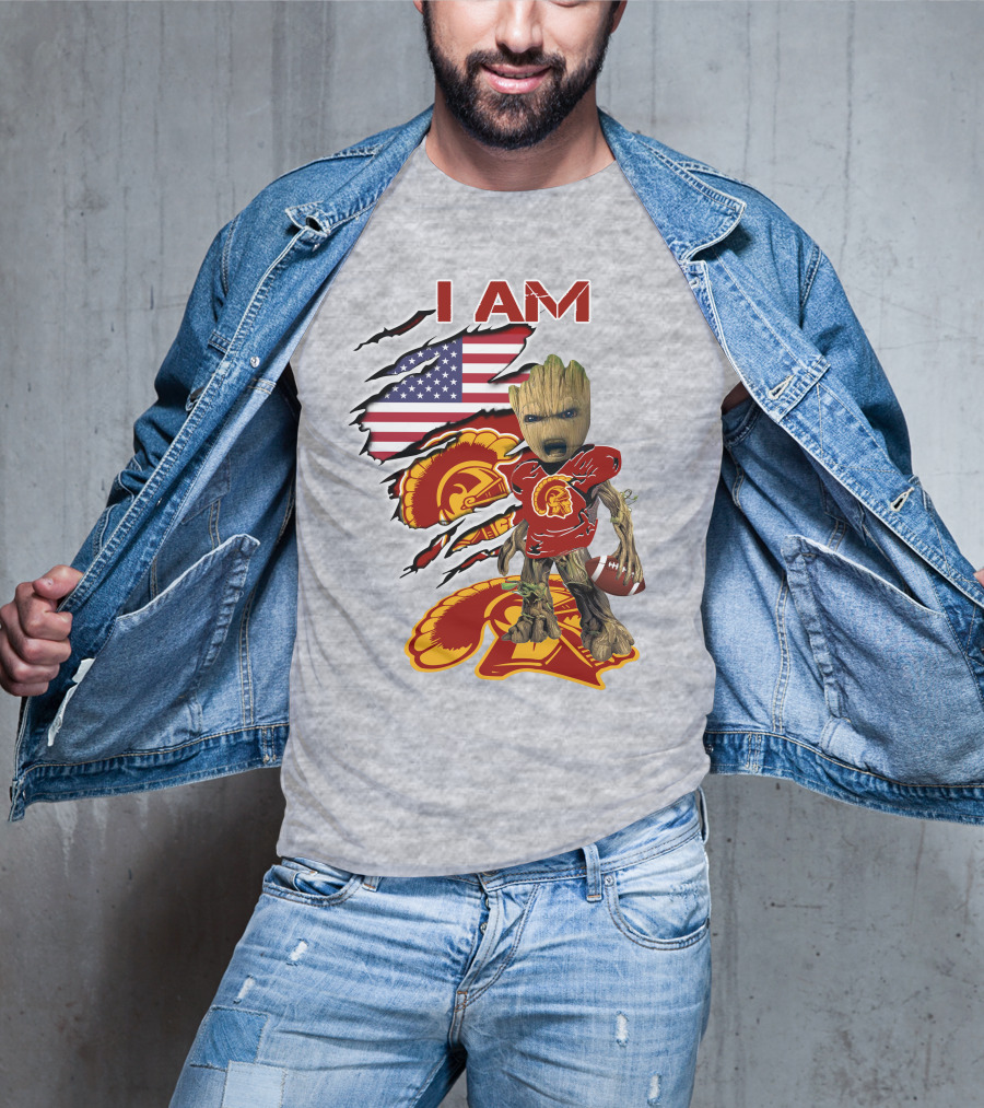 I AM Trojans Baby Groot Football American Flag T-Shirt