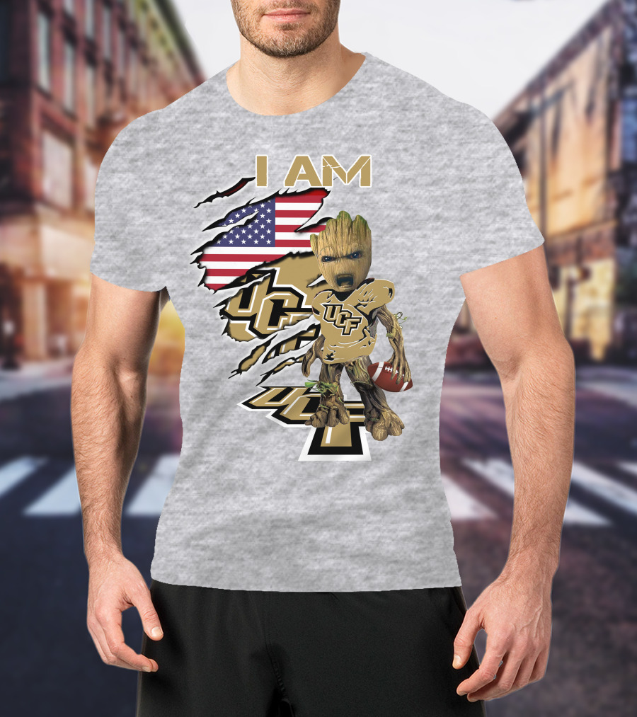 UCF Baby Groot I Am American Flag Football T-Shirt