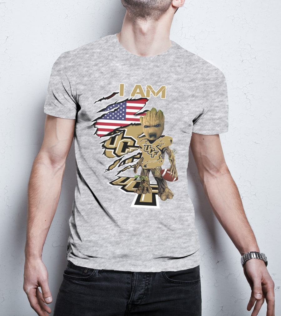 UCF Baby Groot I Am American Flag Football T-Shirt