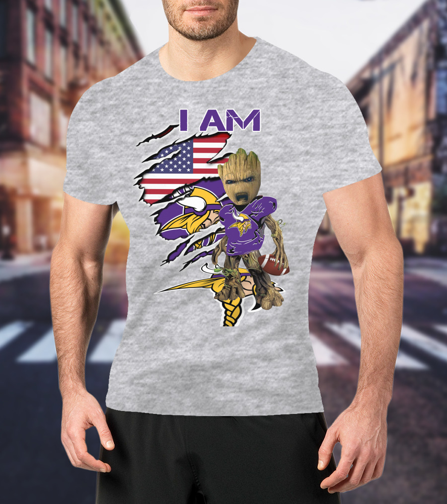 I Am Vikings Baby Groot American Flag Football T-Shirt