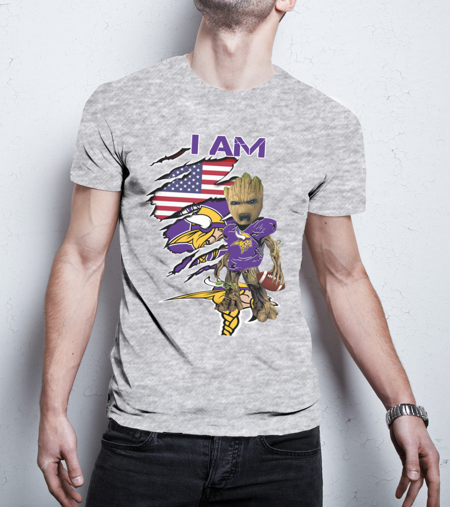 I Am Vikings Baby Groot American Flag Football T-Shirt