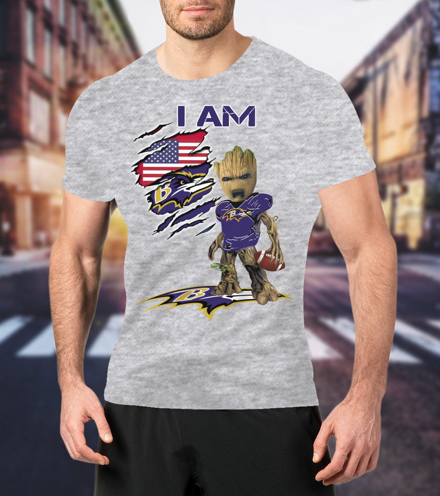 I AM Baltimore Ravens Baby Groot Football USA Flag T-Shirt