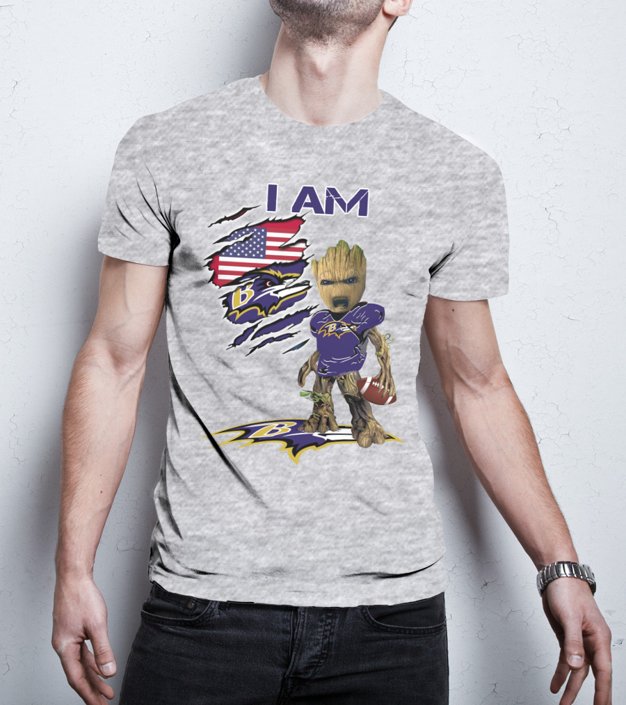 I AM Baltimore Ravens Baby Groot Football USA Flag T-Shirt