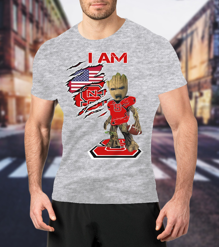 I Am NC State Baby Groot Football USA Flag T-Shirt