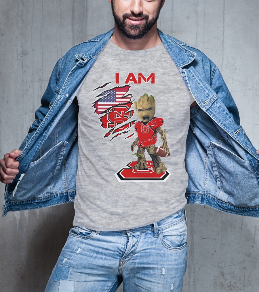 I Am NC State Baby Groot Football USA Flag T-Shirt