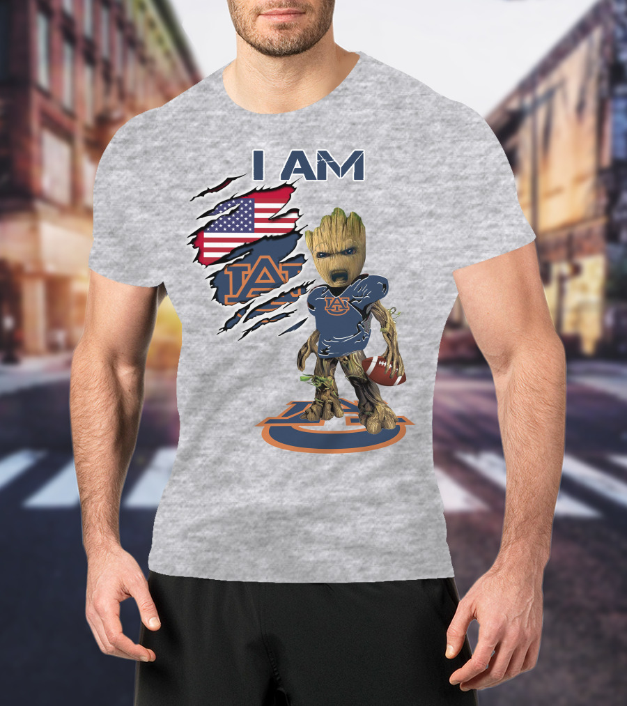 I Am Auburn Baby Groot Football Usa Flag T-Shirt