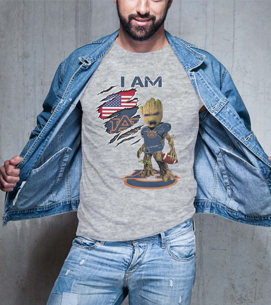 I Am Auburn Baby Groot Football Usa Flag T-Shirt