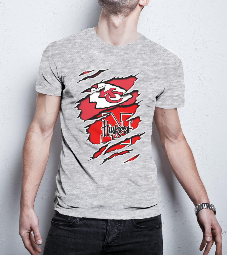 Chiefs Huskers Kansas City Nebraska Iconic Red White Torn T-Shirt