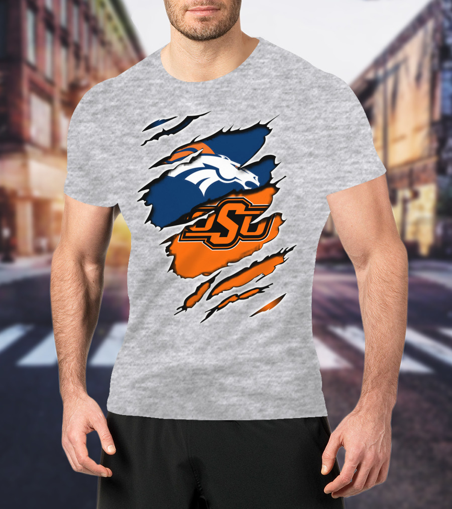 Broncos OSU Torn Ripped Graphics T-Shirt