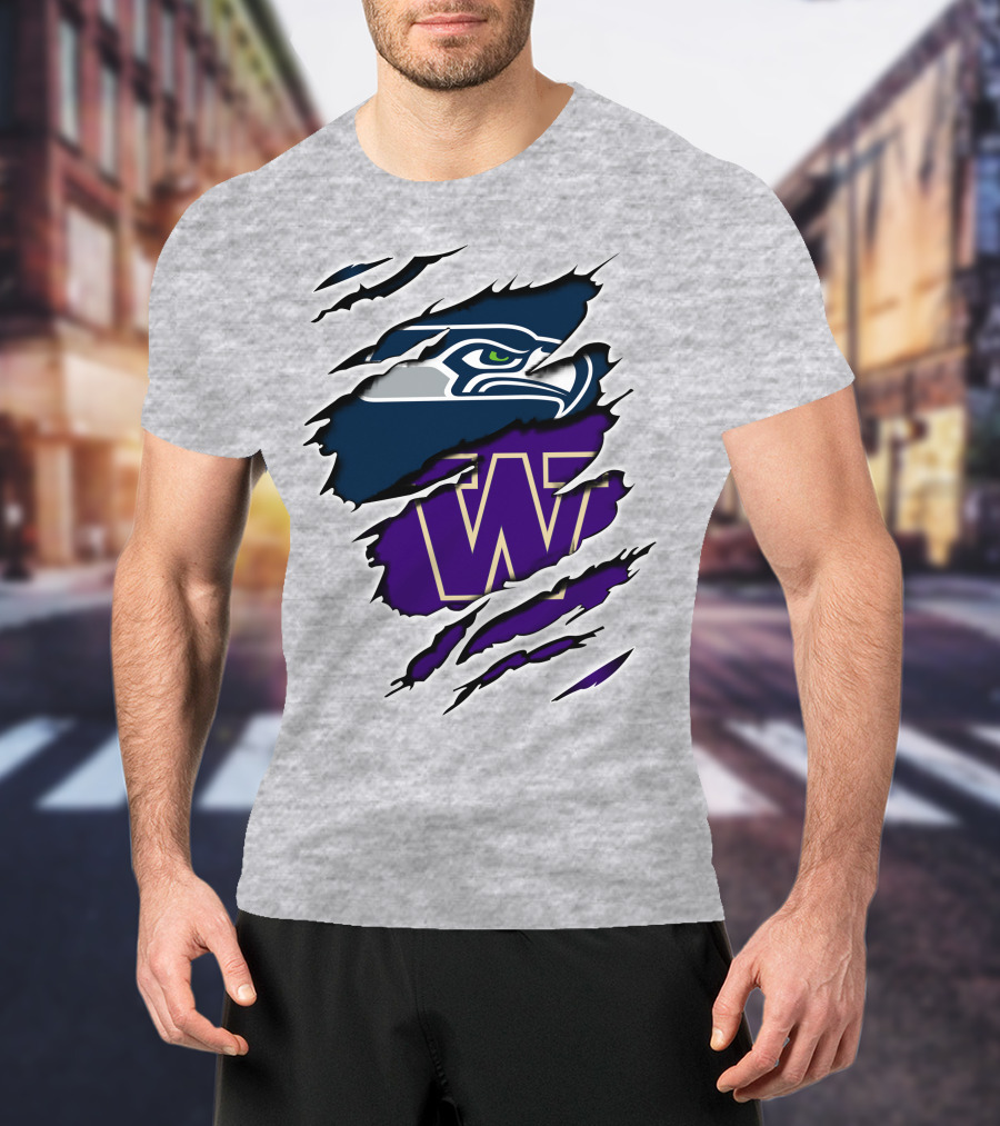 Seahawks Huskies Logo Fusion Nfl College Football Fan Gear T-Shirt