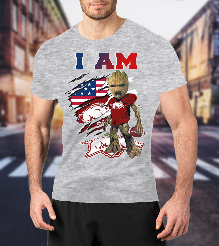 I Am Groot Arkansas Razorbacks Football American Flag T-Shirt