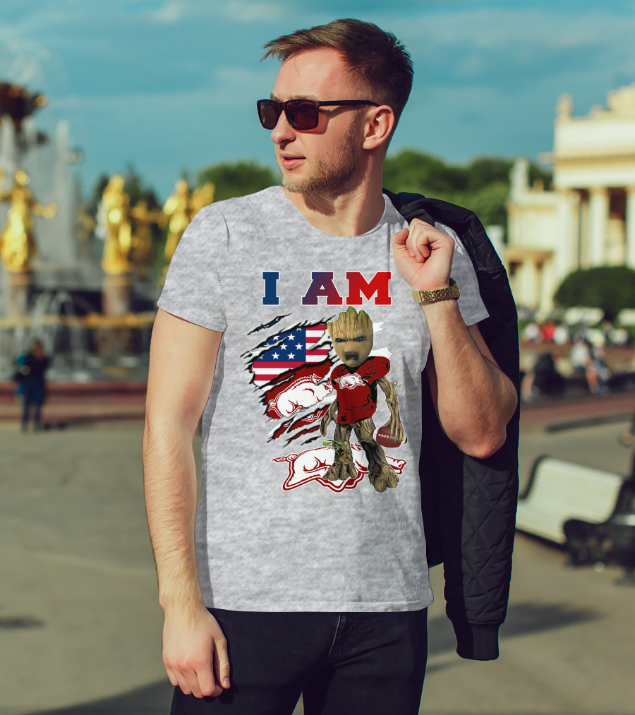 I Am Groot Arkansas Razorbacks Football American Flag T-Shirt