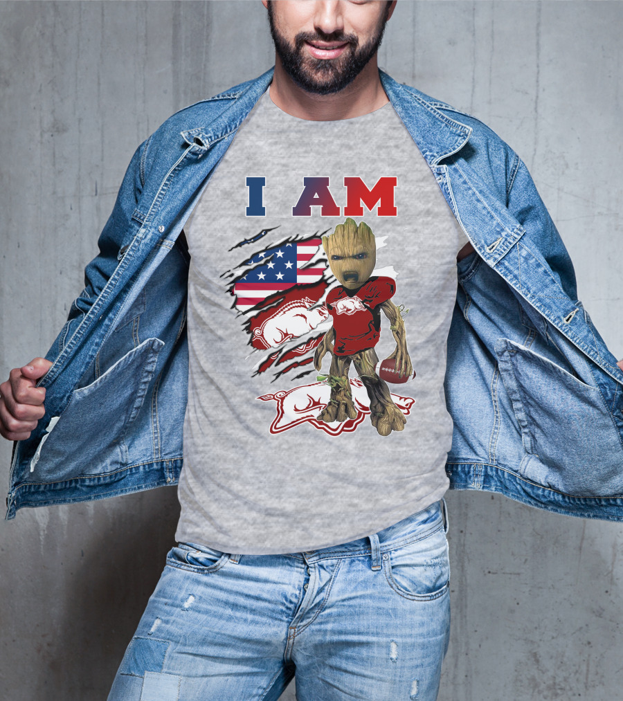 I Am Groot Arkansas Razorbacks Football American Flag T-Shirt