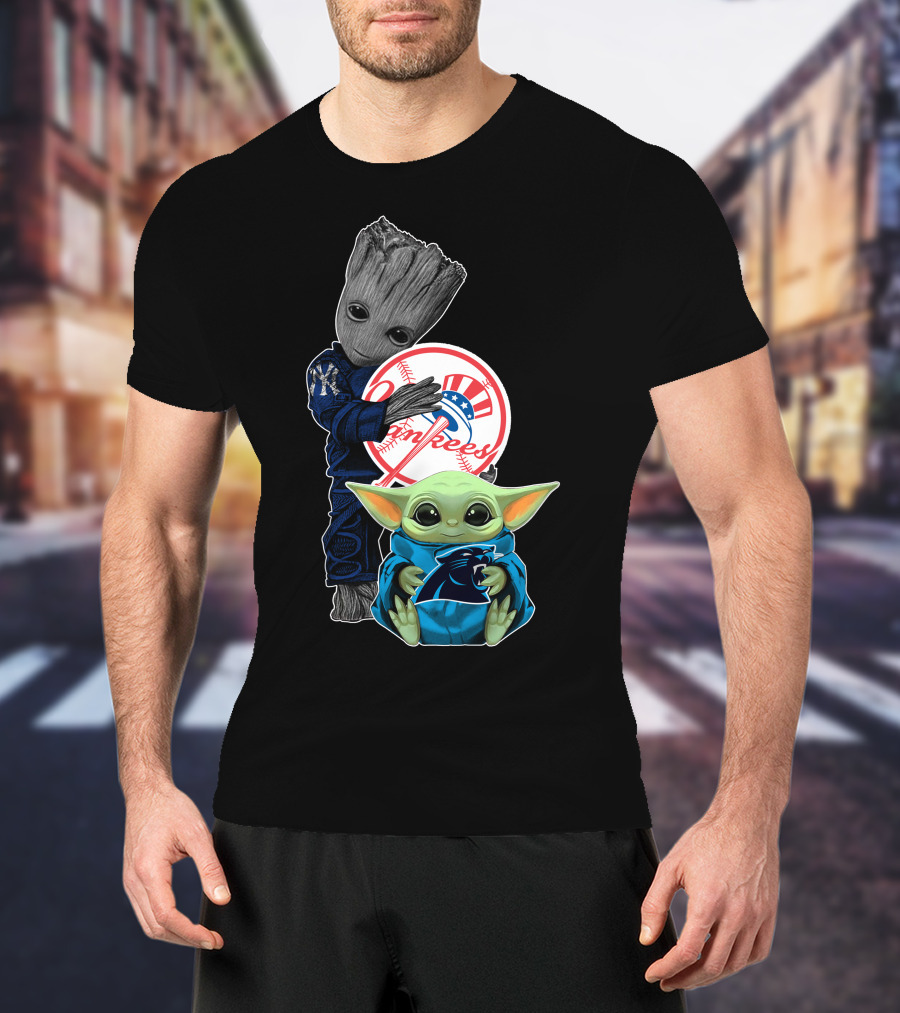 New York Yankees Groot And Panthers Baby Yoda T-Shirt