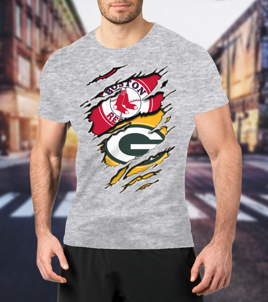 Boston Red Sox And Green Bay Packers Logo Torn T-Shirt