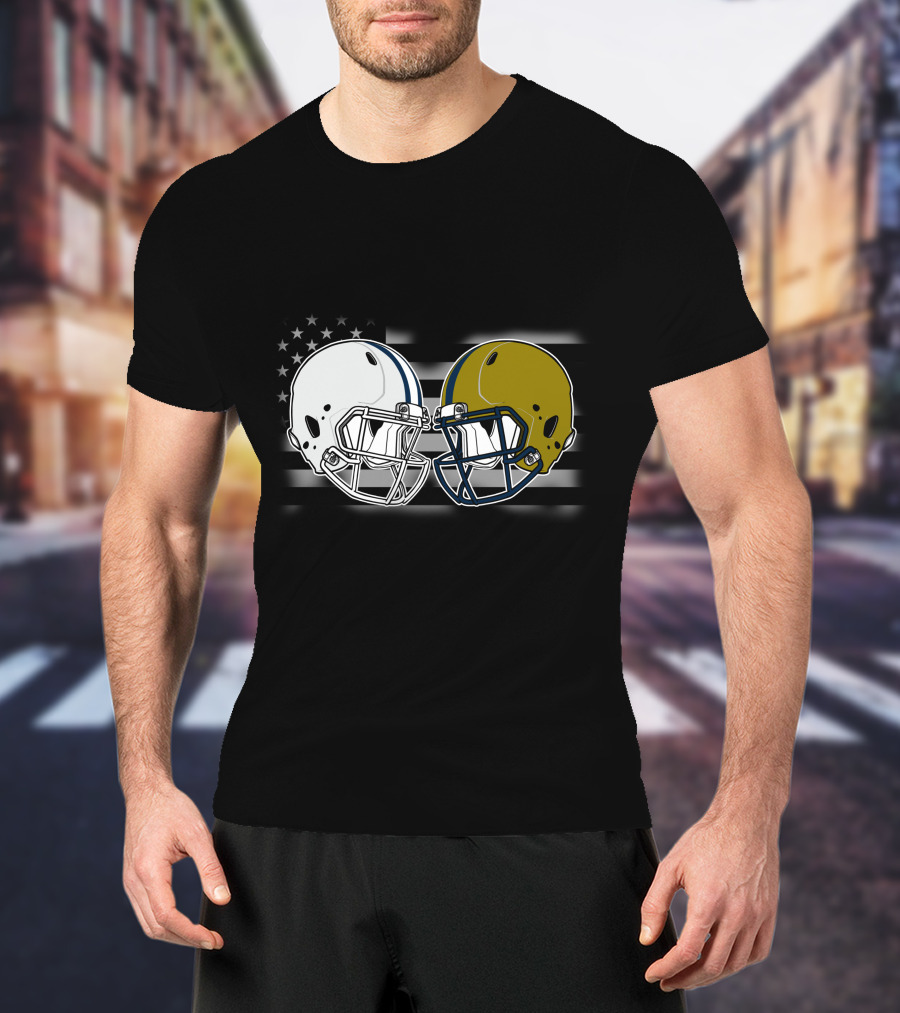Notre Dame Vs. Penn State Football Helmet Clash With American Flag T-Shirt