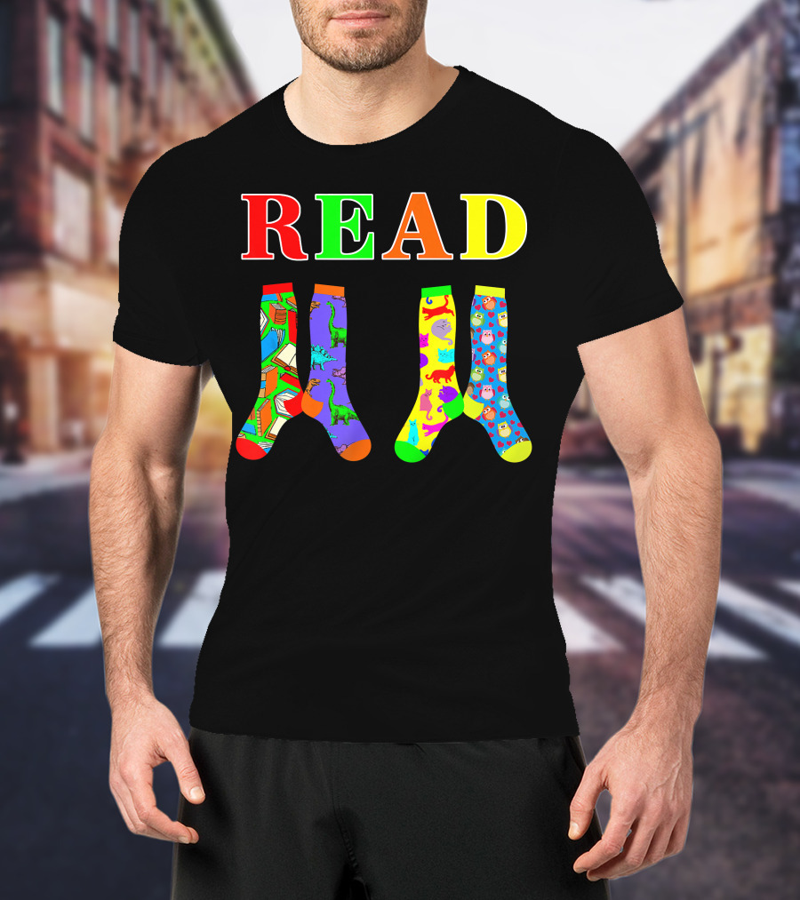 READ Colorful Dinosaur And Owl Books Wacky Socks For Wacky Sock Day T-Shirt