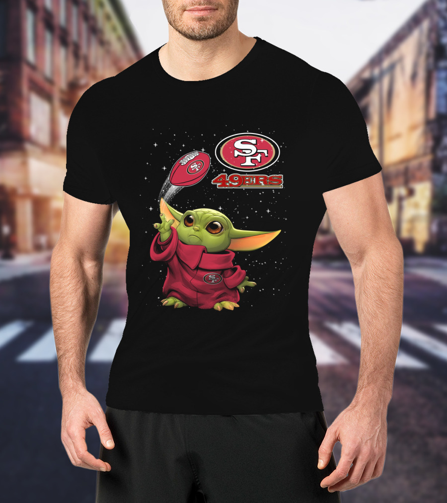 Baby Yoda Throwing San Francisco 49ers Football With SF Logo And Stars T-Shirt