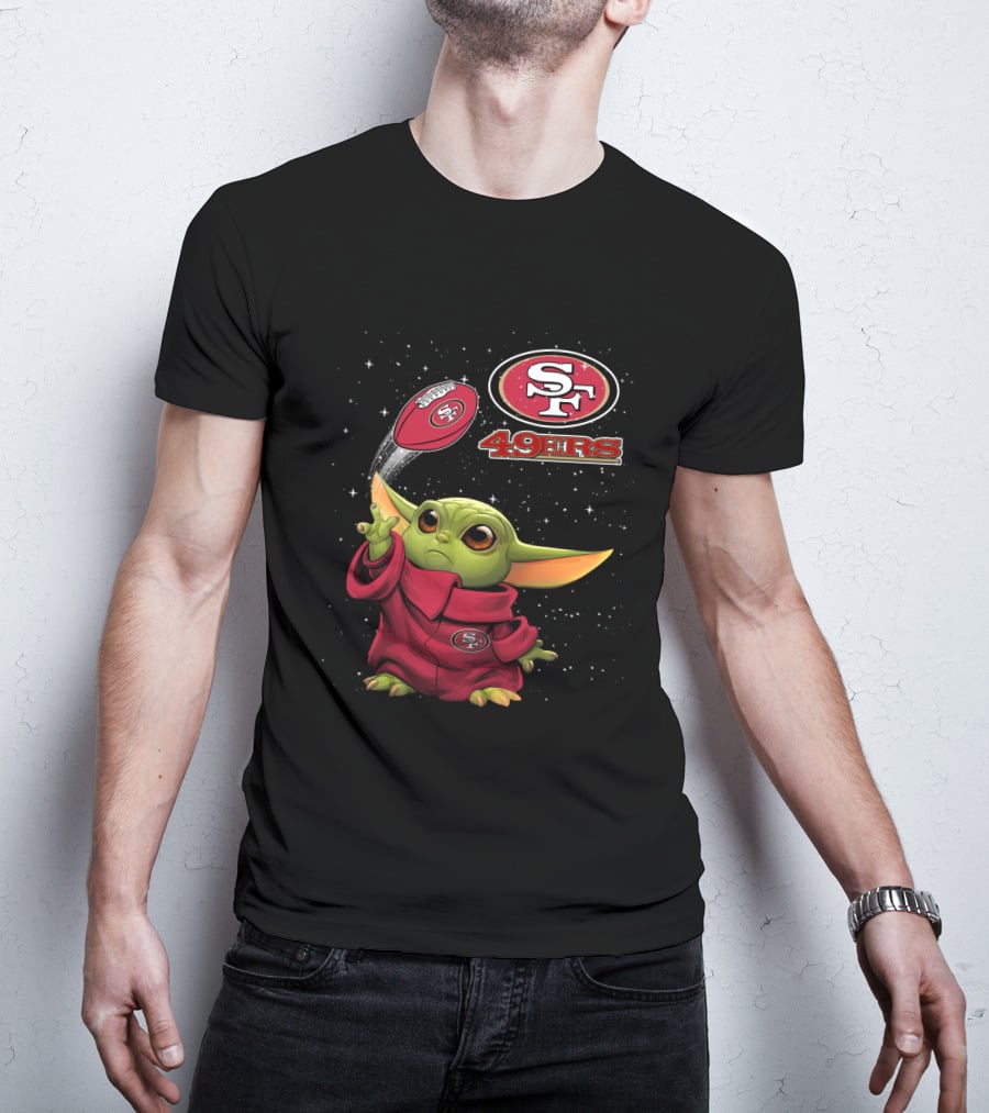 Baby Yoda Throwing San Francisco 49ers Football With SF Logo And Stars T-Shirt