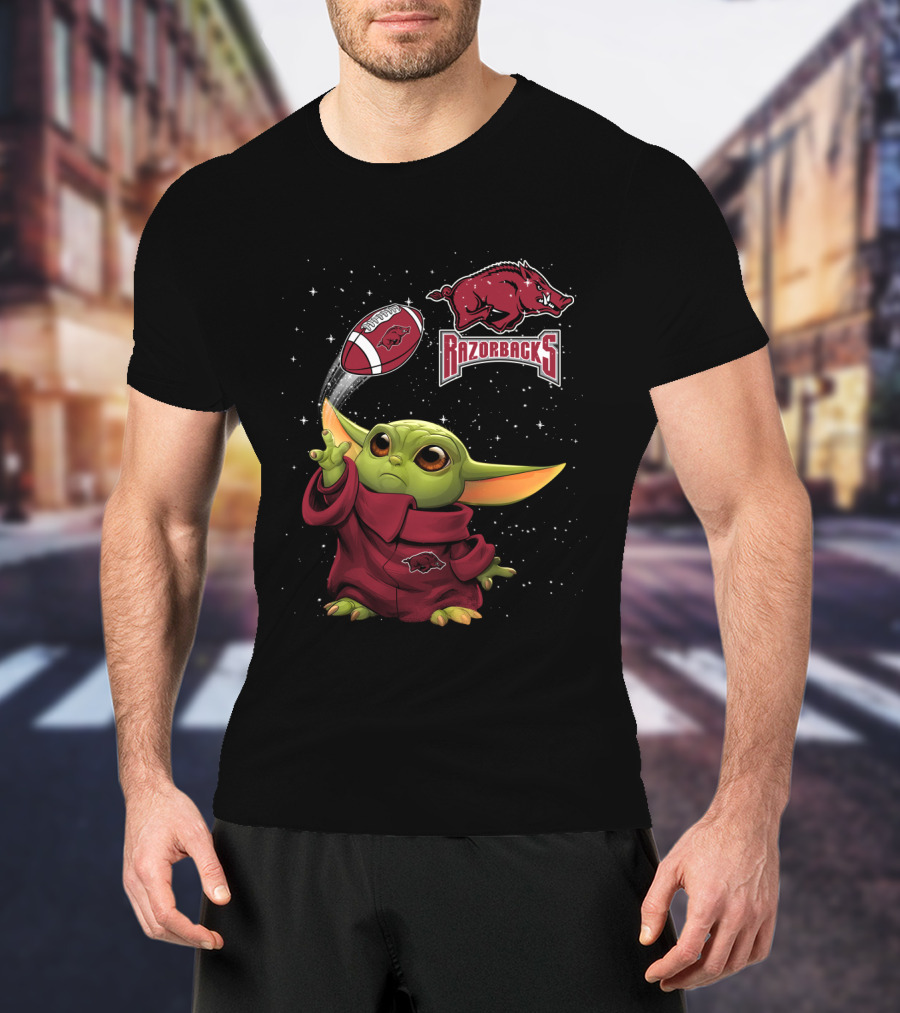 Baby Yoda Arkansas Razorbacks Football Force Thrower With Razorback T-Shirt