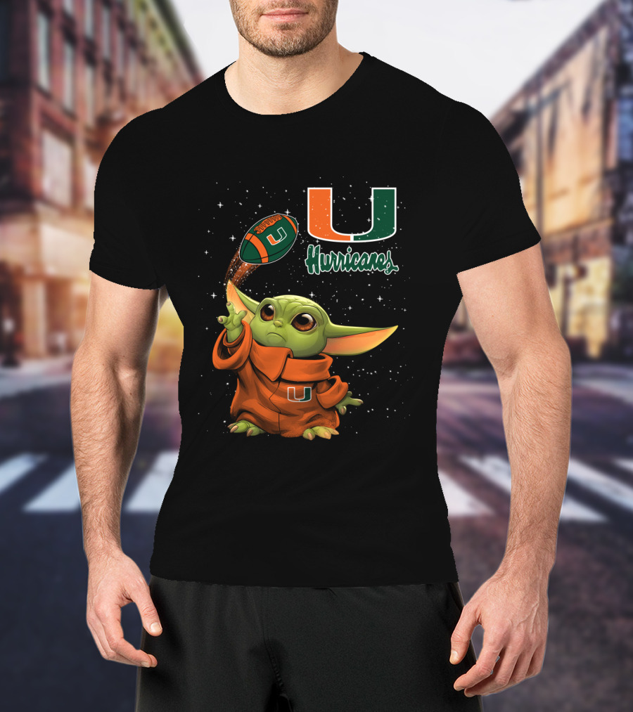 Baby Yoda Miami Hurricanes U Logo Football Starry Background T-Shirt