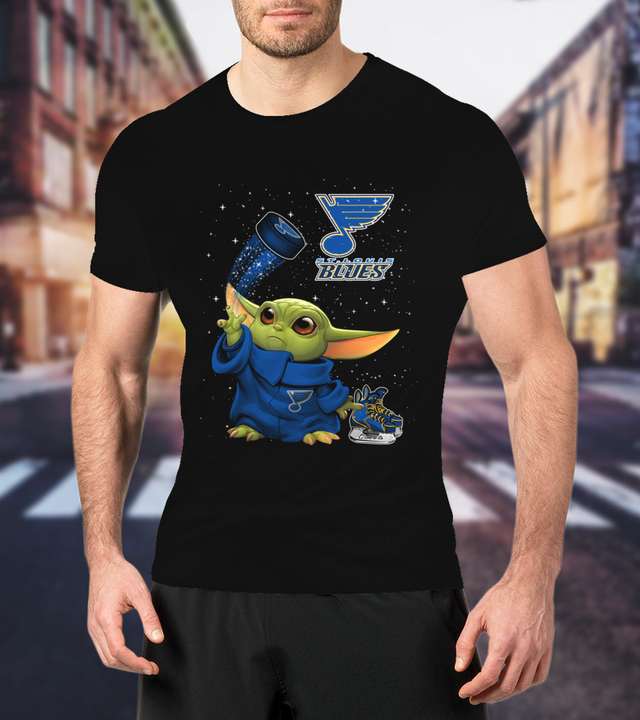 St Louis Blues Baby Yoda Holding Hockey Puck With Logo And Skates T-Shirt