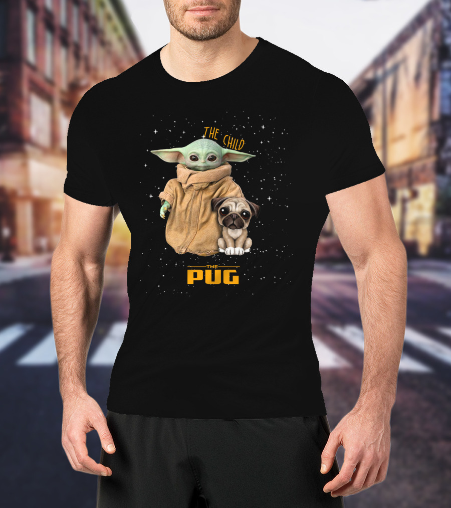 The Child Baby Yoda And Pug In Starry Space Scene T-Shirt