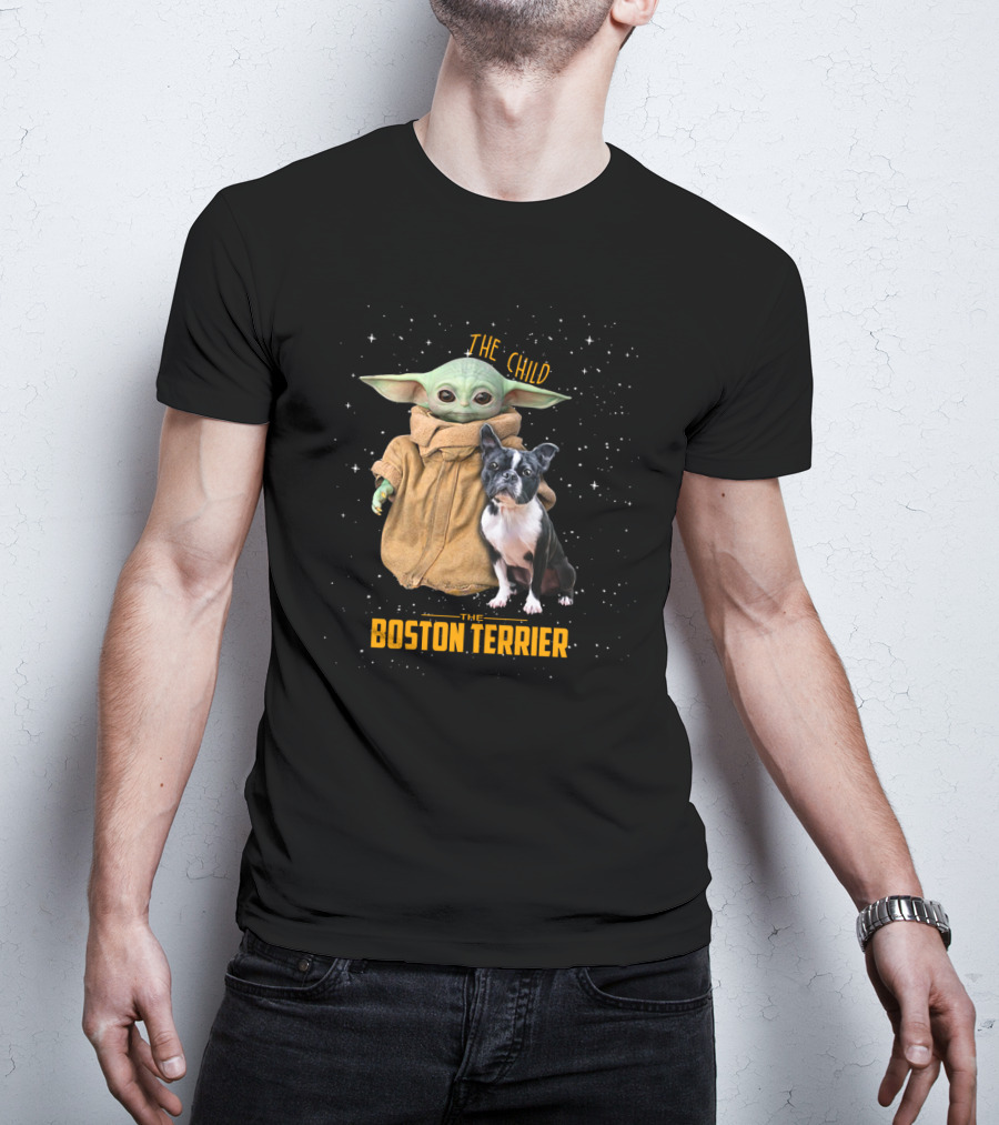 The Child Baby Yoda And Boston Terrier Duo In Space T-Shirt