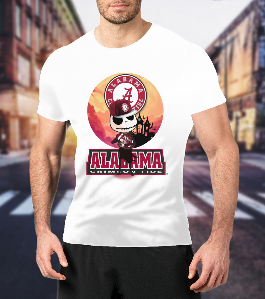 Alabama Crimson Tide Skeleton Character Holding Football In Front Of Haunted House T-Shirt