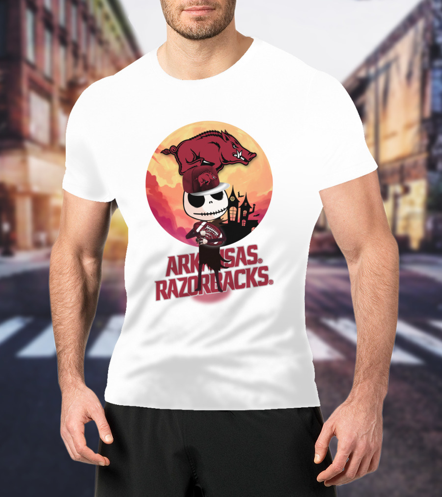 Arkansas Razorbacks Halloween Skull Character With Cap And Football T-Shirt