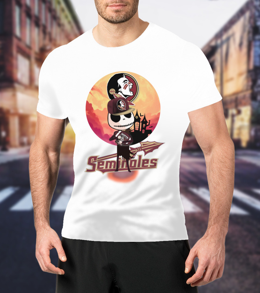 Seminoles Skeleton Character With Florida State Logo And Haunted House Scene T-Shirt