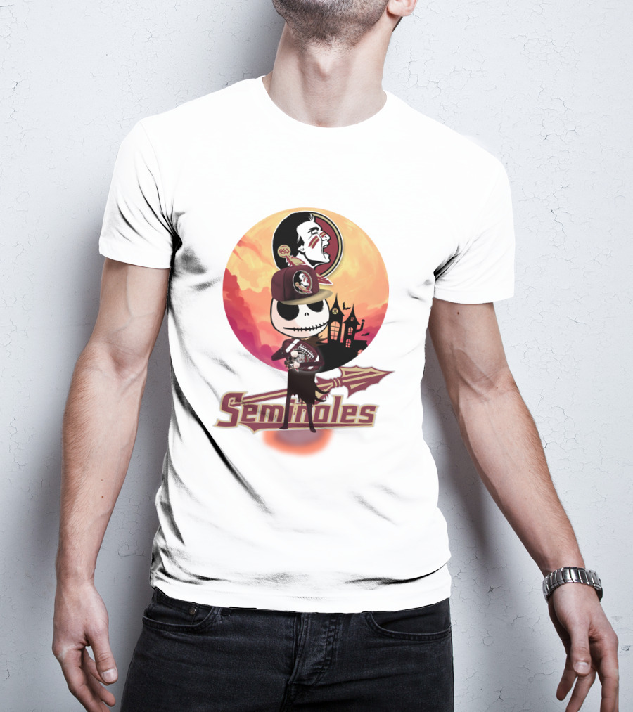 Seminoles Skeleton Character With Florida State Logo And Haunted House Scene T-Shirt