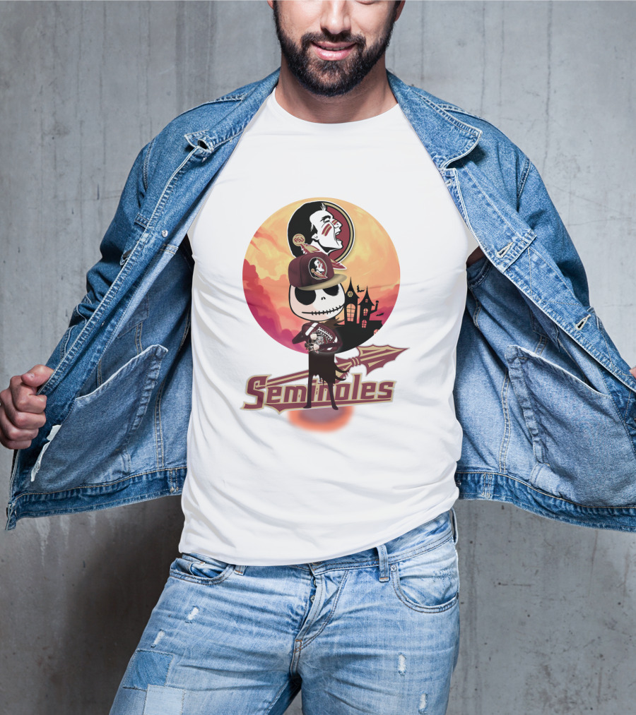 Seminoles Skeleton Character With Florida State Logo And Haunted House Scene T-Shirt